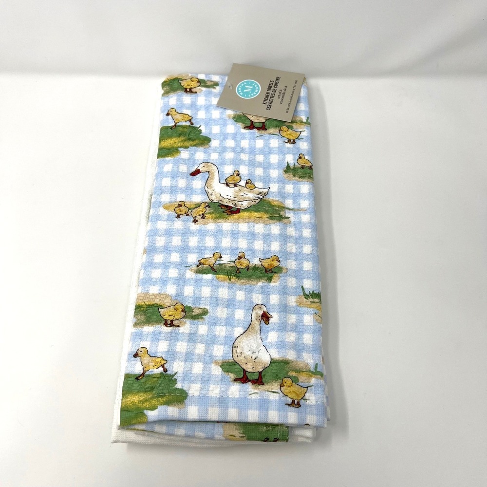 Martha Stewart Kitchen Towels (3) Ducks Blue Check White 100% Cotton NWT Goose